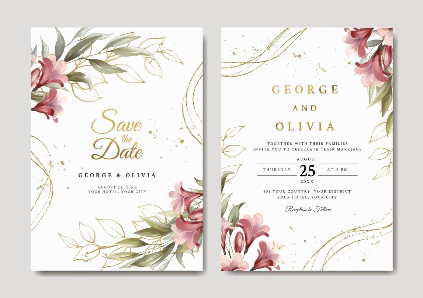 Wedding invitation template with red floral and gold leaves vector