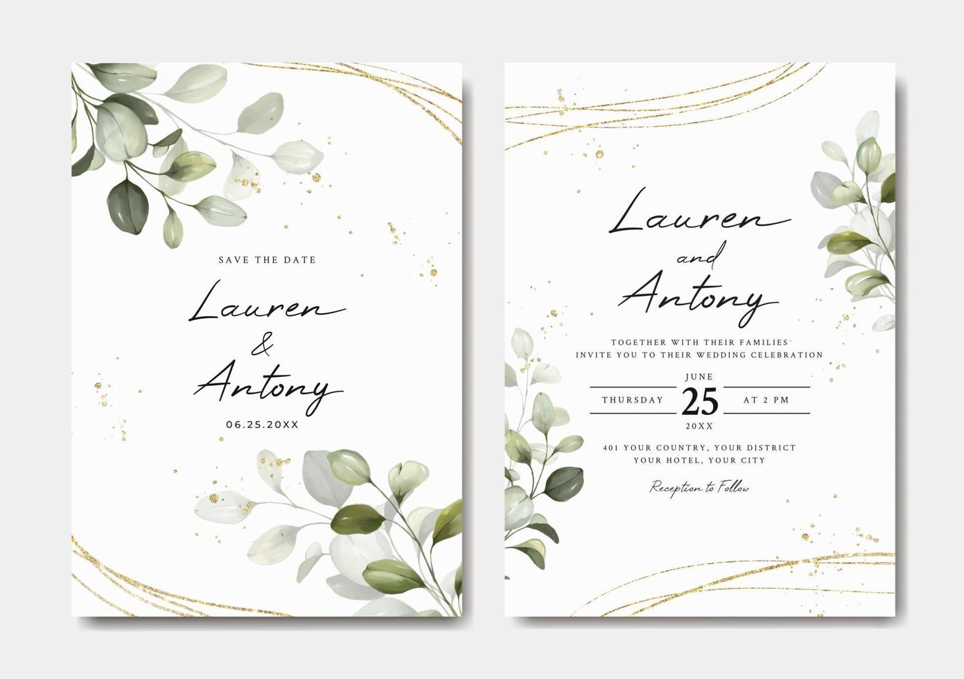 Elegant wedding invitation template with eucalyptus vector