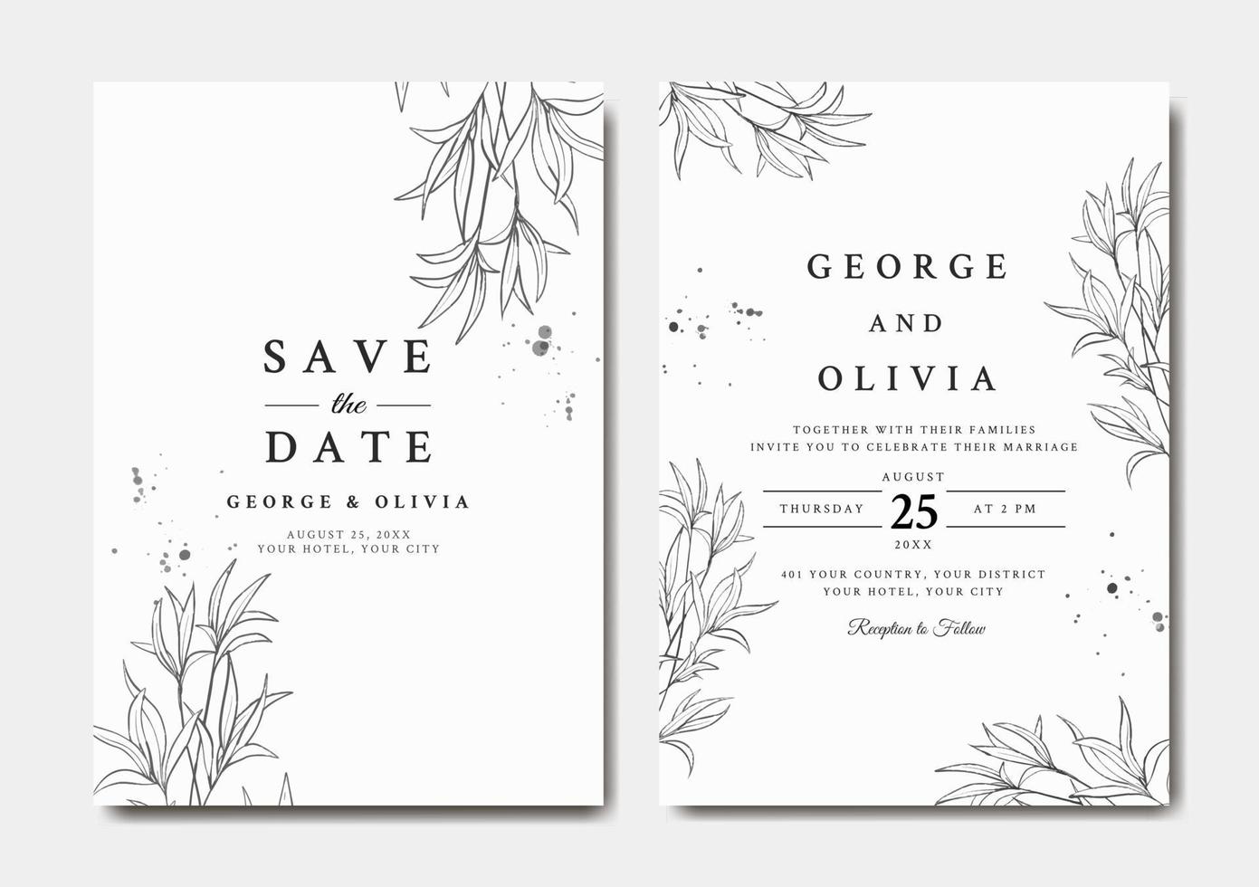 Elegant wedding invitation template with line art leaves vector