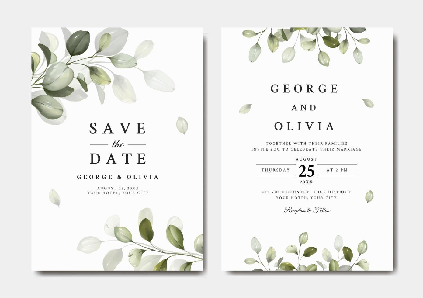 Wedding invitation template with eucalyptus vector