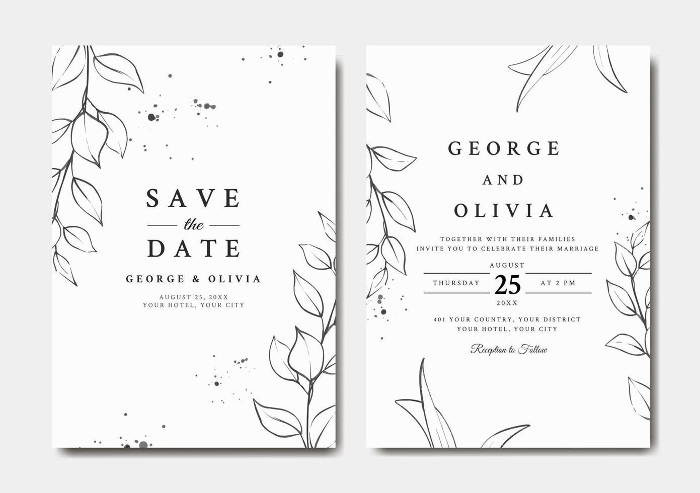 plantilla de invitación de boda con hojas de arte lineal vector