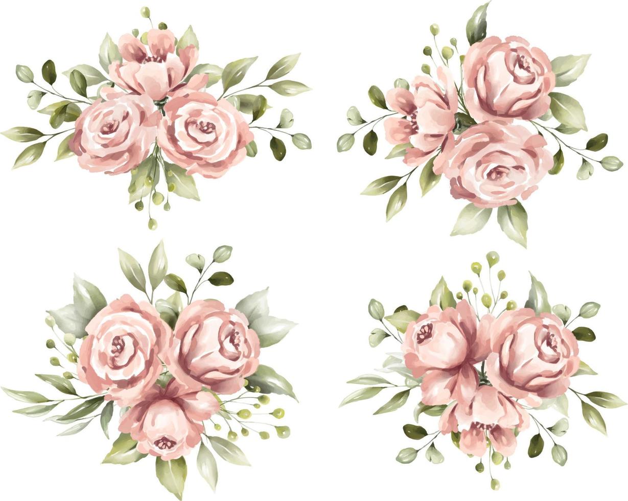 Set of watercolor floral frame bouquets of pink roses and leaves vector