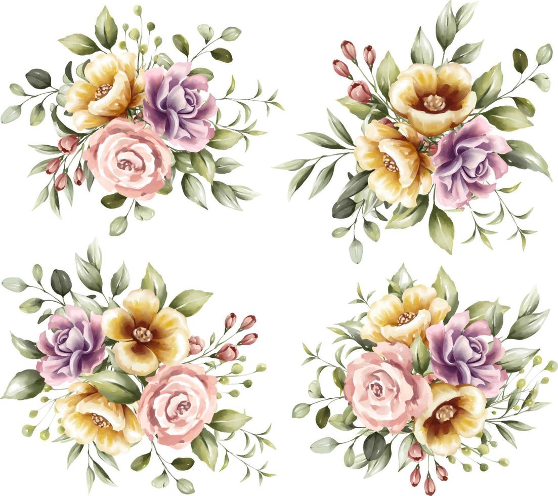 conjunto de arreglos florales de acuarela vector