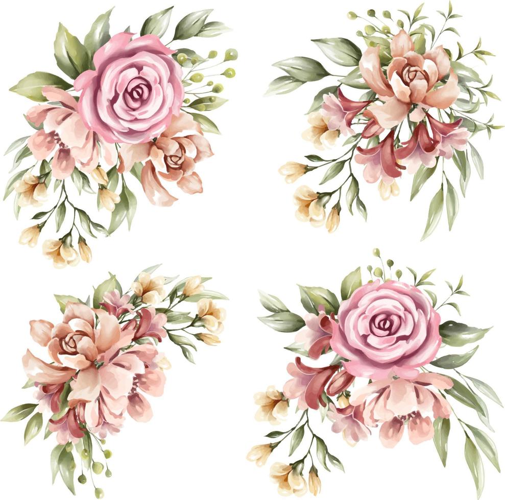 conjunto de arreglos florales de acuarela con hermosas flores vector