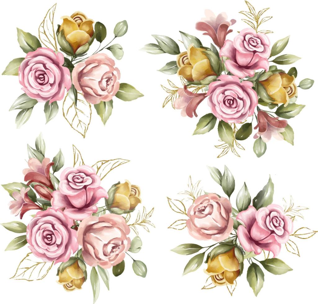 conjunto de ramos de marco floral acuarela de rosas rosadas y amarillas vector