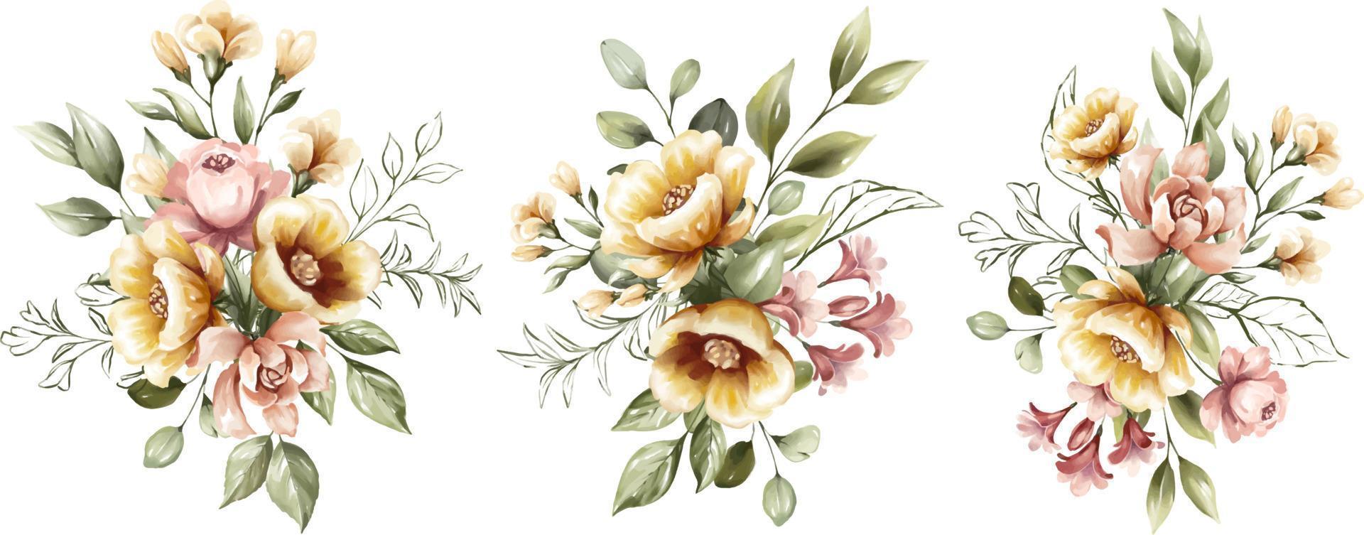 Set of watercolor floral frame bouquets of pink and yellow flowers vector