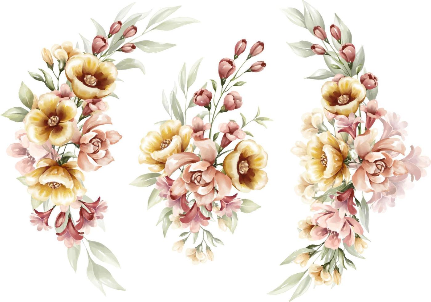 conjunto de ramos de marco floral acuarela de peonía y flores amarillas vector