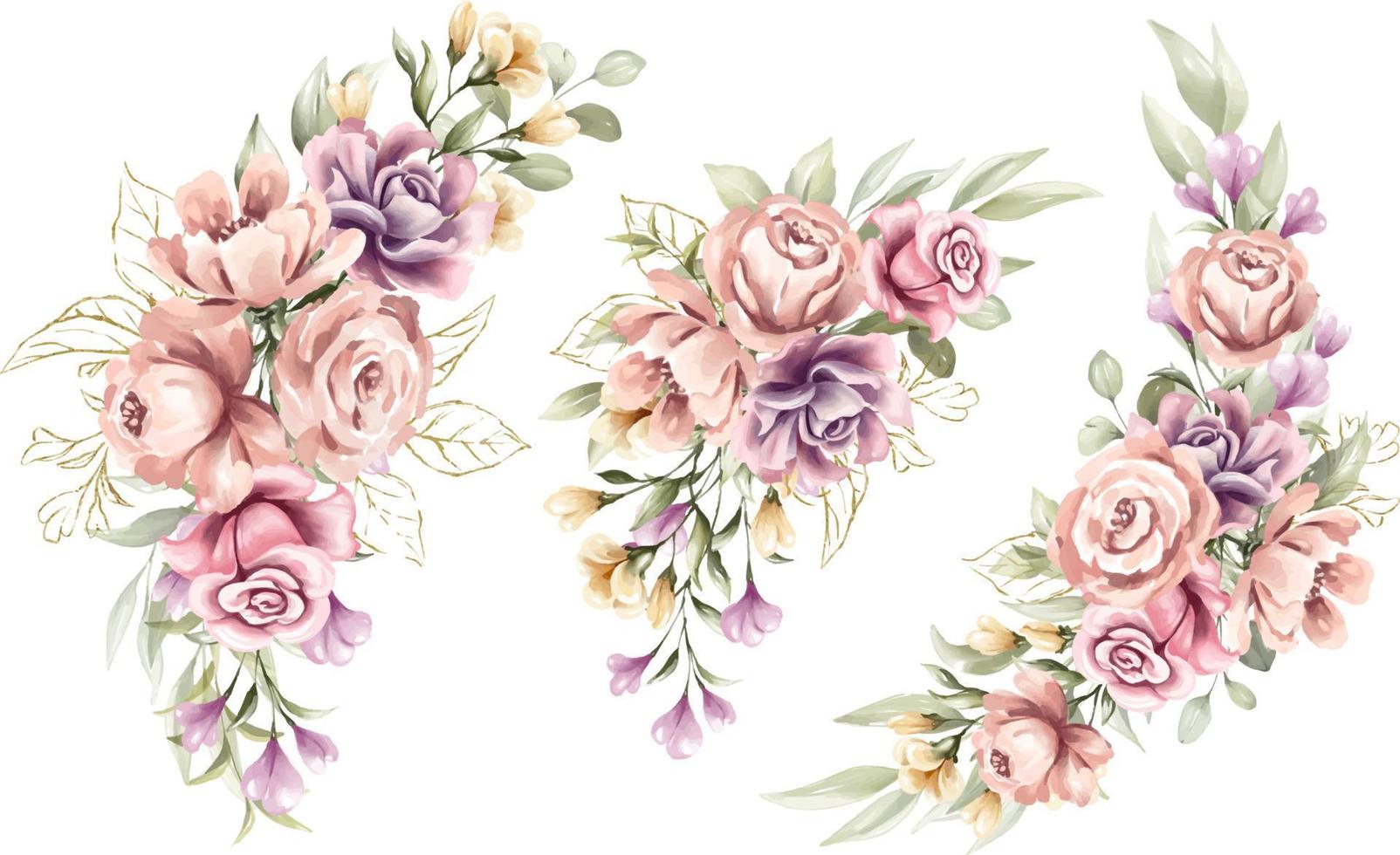 Set of watercolor floral frame bouquets of rose and peony vector