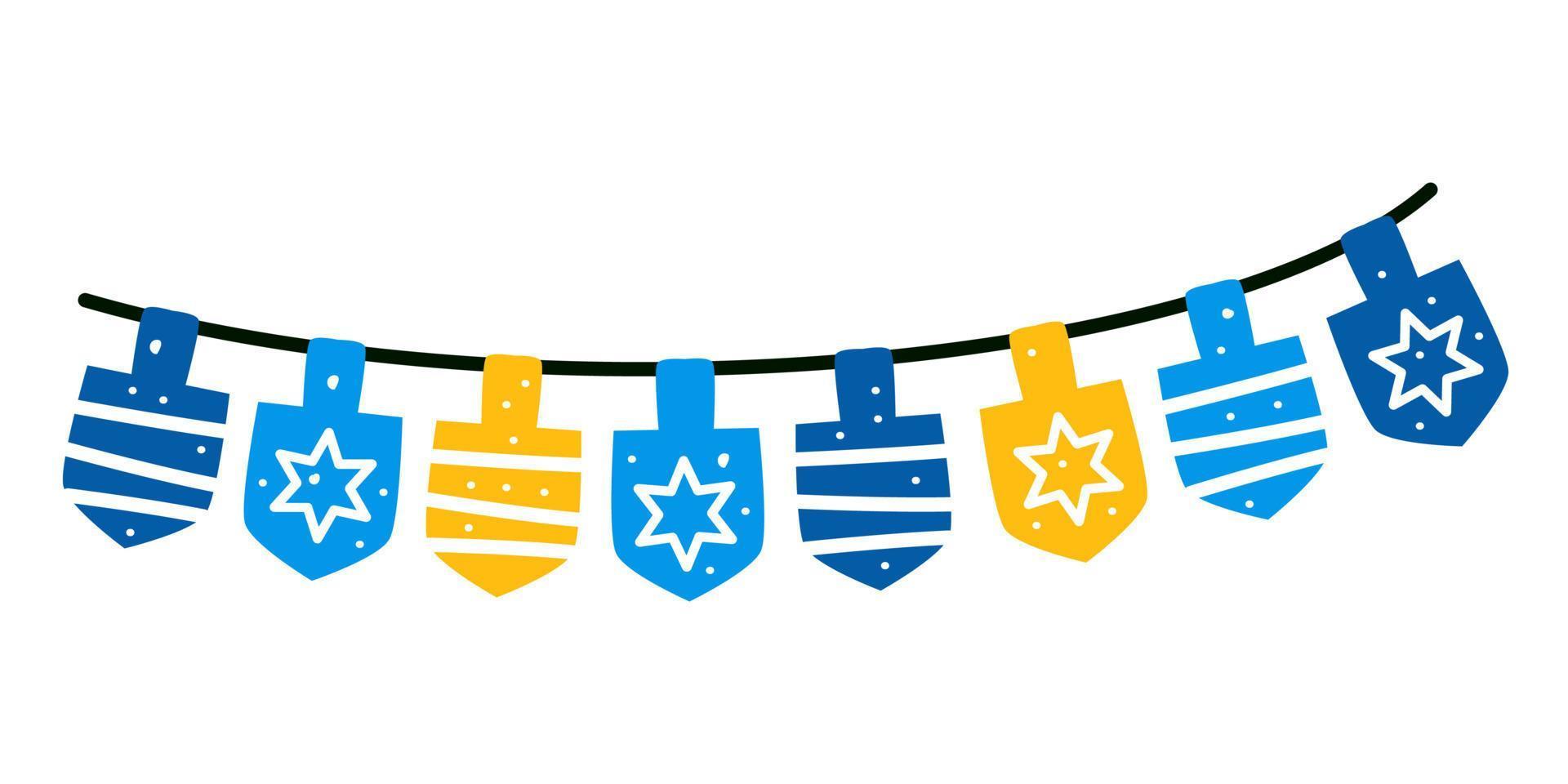 Vector illustration of a garland of Hanukkah dreidels. Jewish, hebrew toy