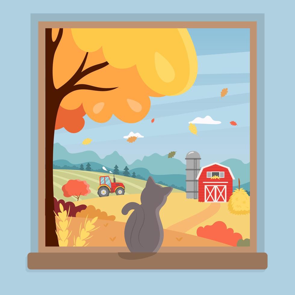 ventana con paisaje otoñal y gato sentado en el alféizar y mirando afuera vector