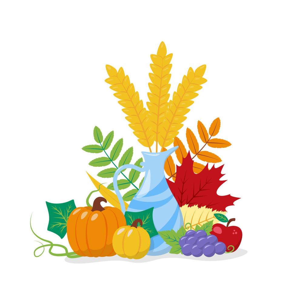 Autumn Harvest Composition witn Ears of Wheat, Pumpkins and Leaves vector
