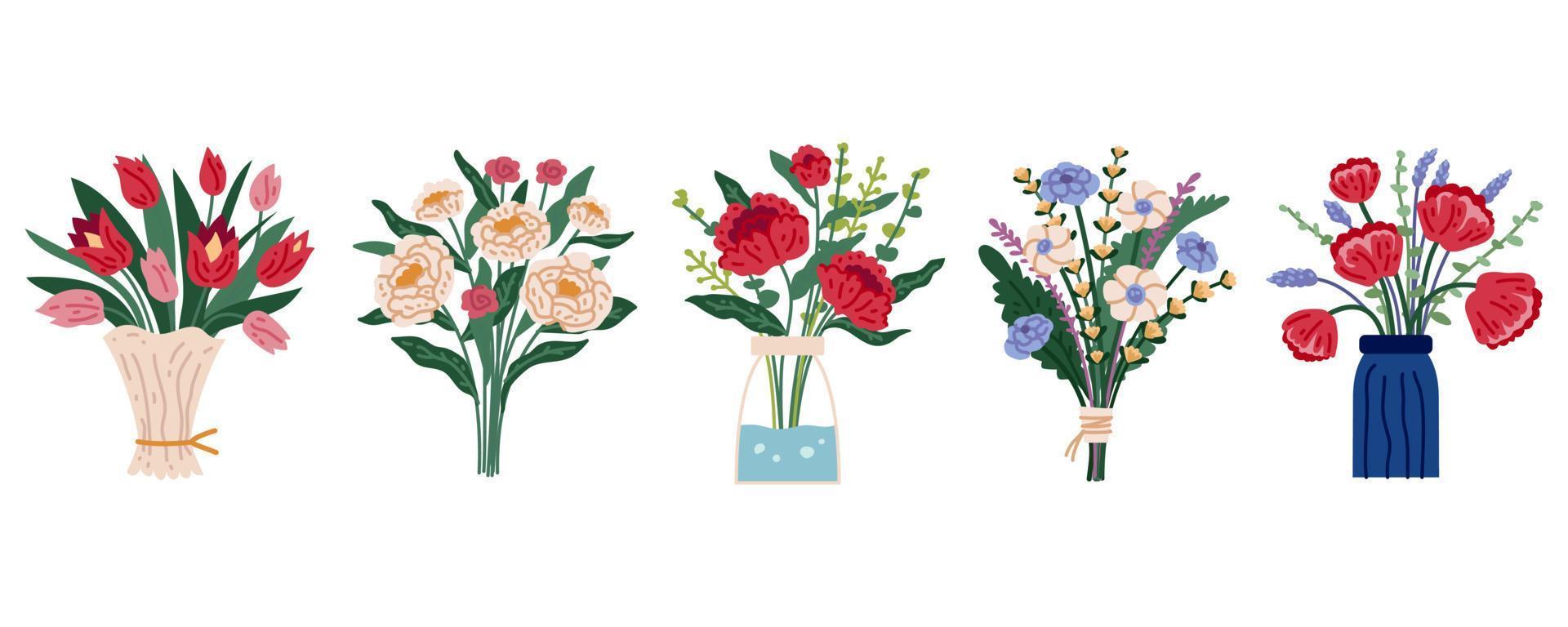 Set of bright spring blooming flowers in vases and bottles isolated vector