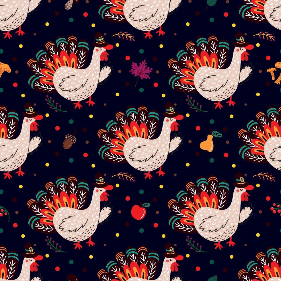 Thanksgiving turkey and fall leaves forming seamless pattern vector