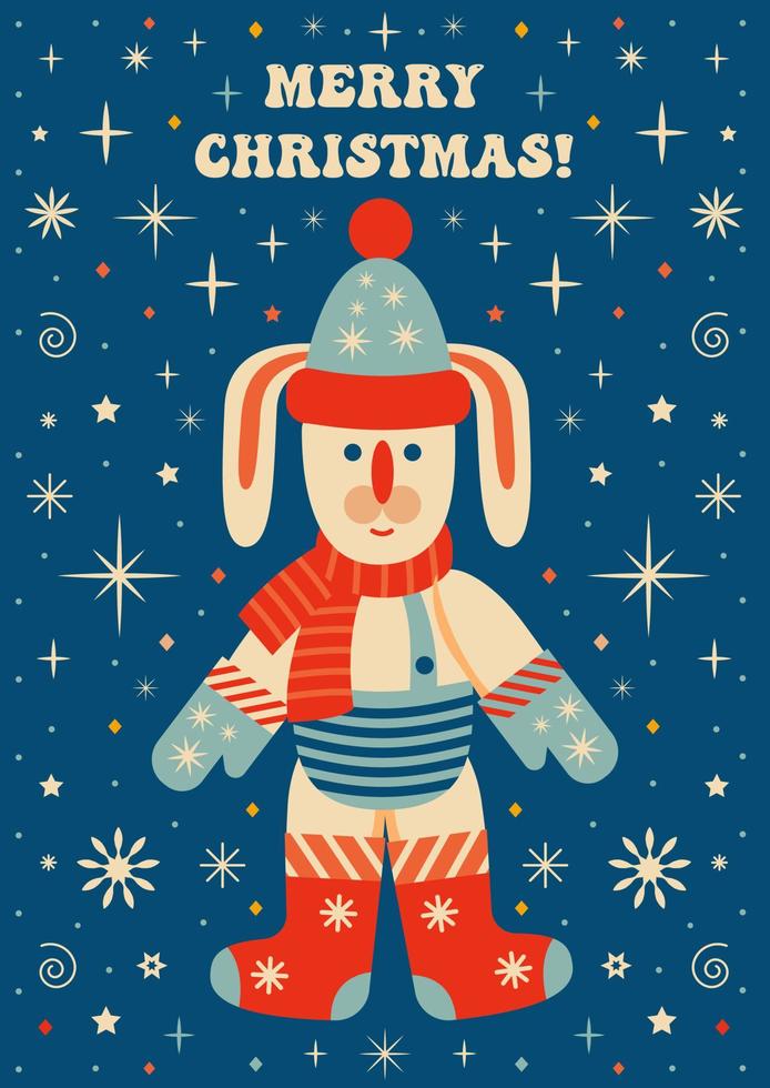 tarjeta de felicitación vintage retro con conejo de navidad. tarjeta de felicitación de navidad. ilustración vectorial vector