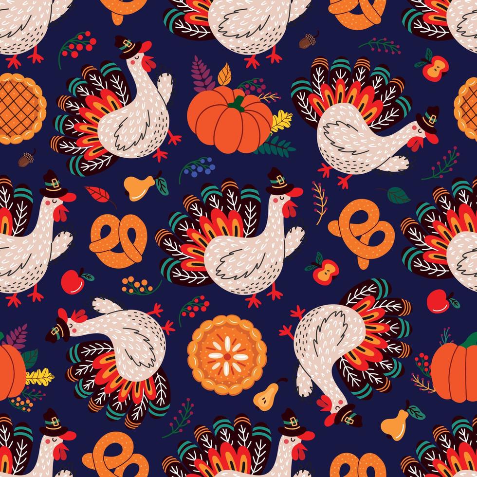 Thanksgiving turkey and fall leaves forming seamless pattern vector