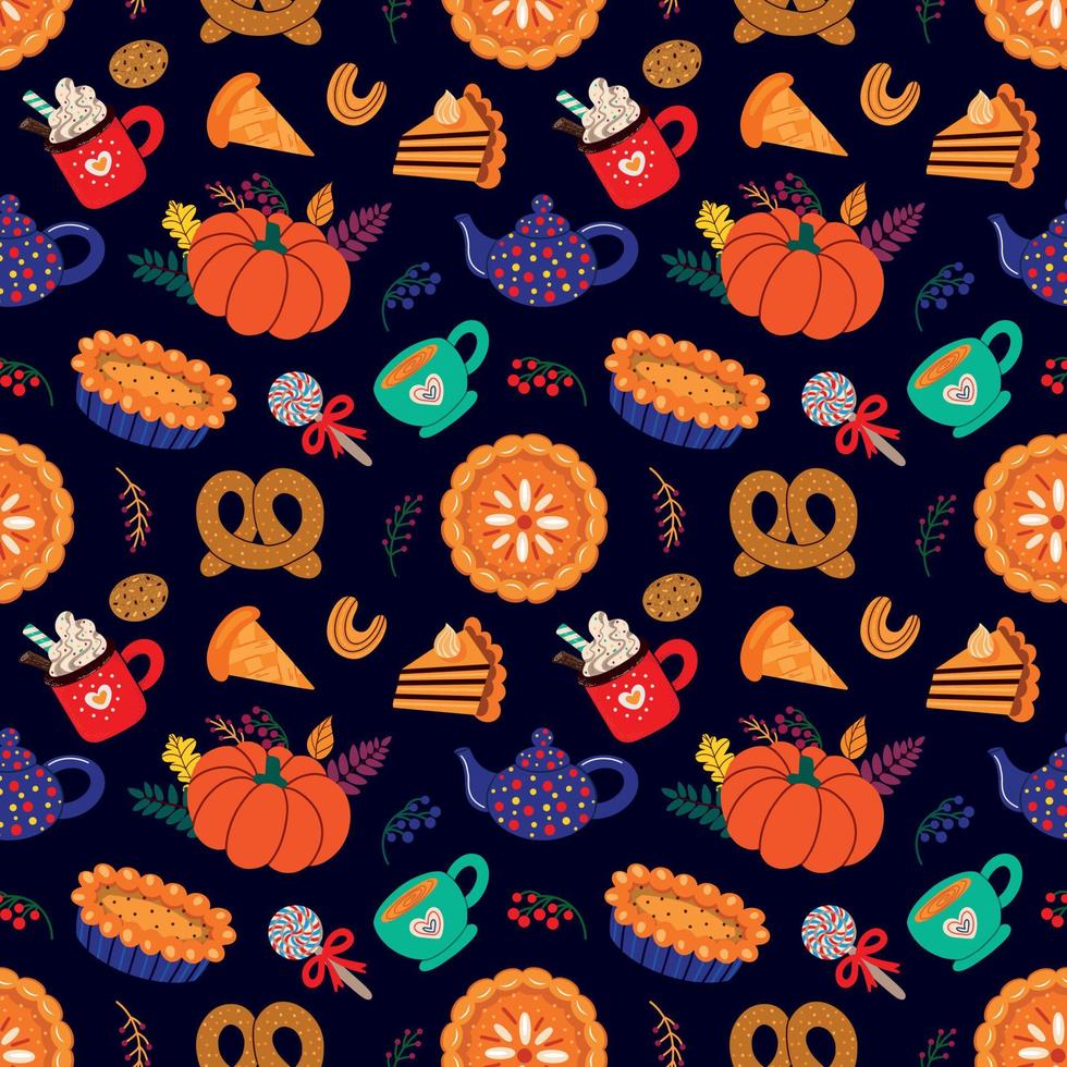 autumn pastry and drinks amidst leaves forming pattern vector