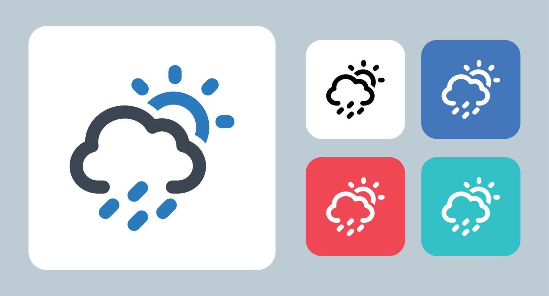 icono de día lluvioso - ilustración vectorial. lluvioso, día, lluvia, nube, precipitación, sol, clima, pronóstico, nublado, clima, línea, contorno, plano, iconos. vector