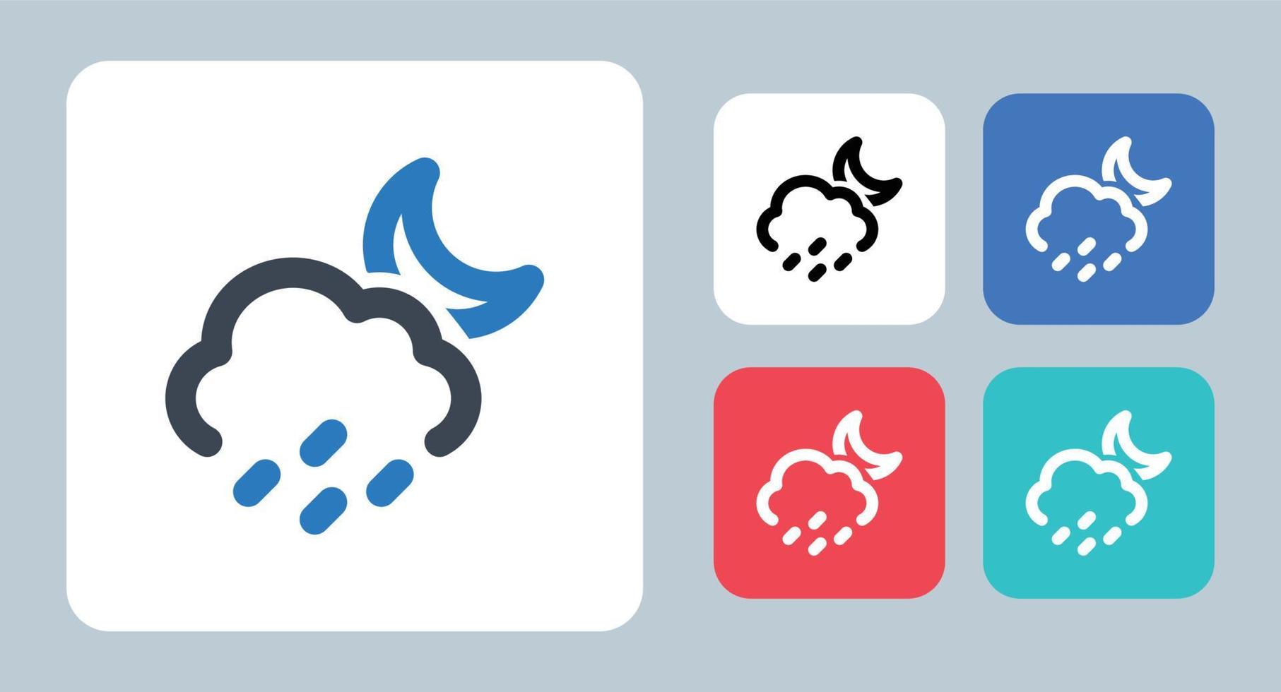 icono de la noche lluviosa - ilustración vectorial. lluvia, lluvia, noche, precipitación, tiempo, clima, previsión, luna, línea, contorno, plano, iconos. vector