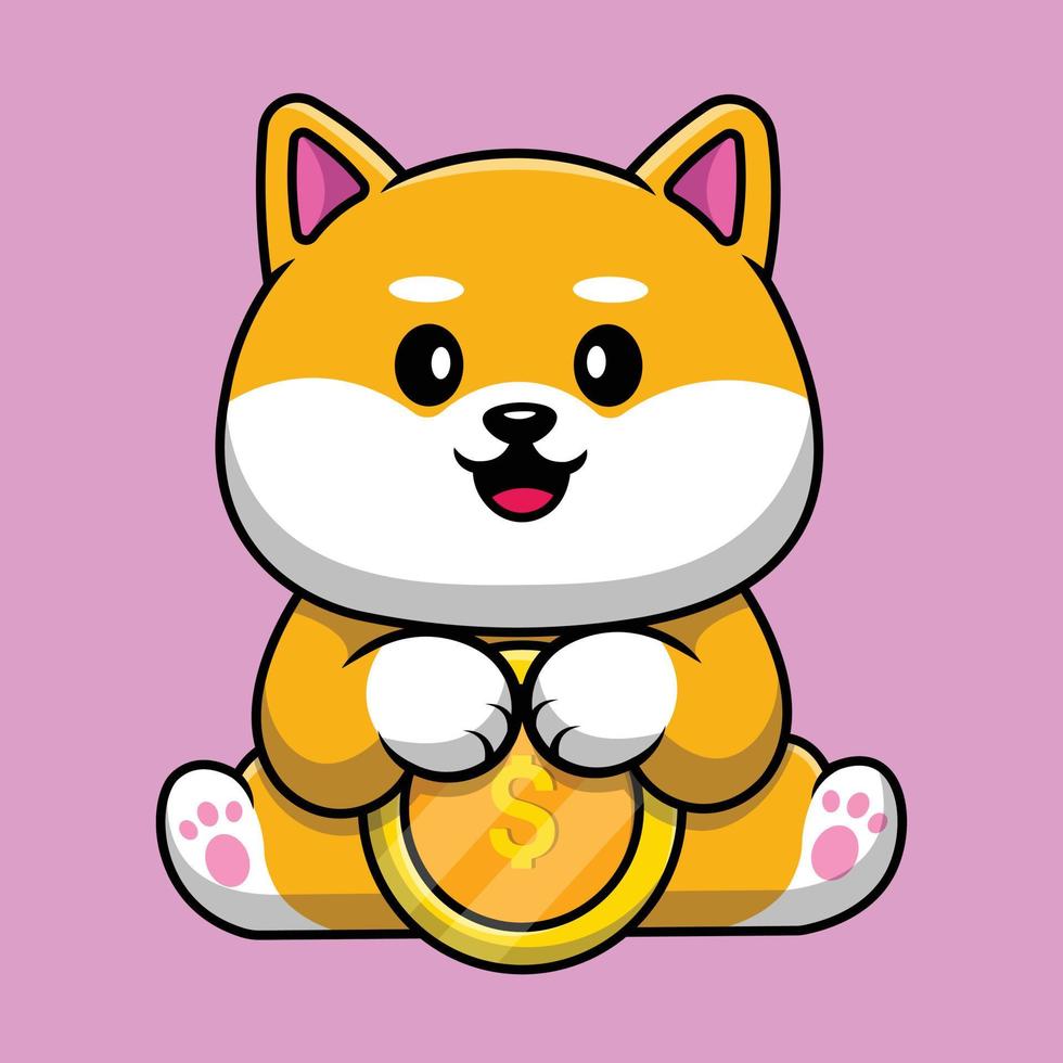 Cute Shiba Inu Dog Holding Gold Coin Cartoon Vector Icon Illustration. Science Finance Flat Cartoon Concept