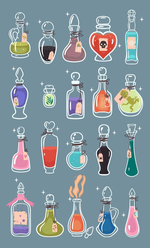 A set of glass magic bottles with liquids. Vector graphics.