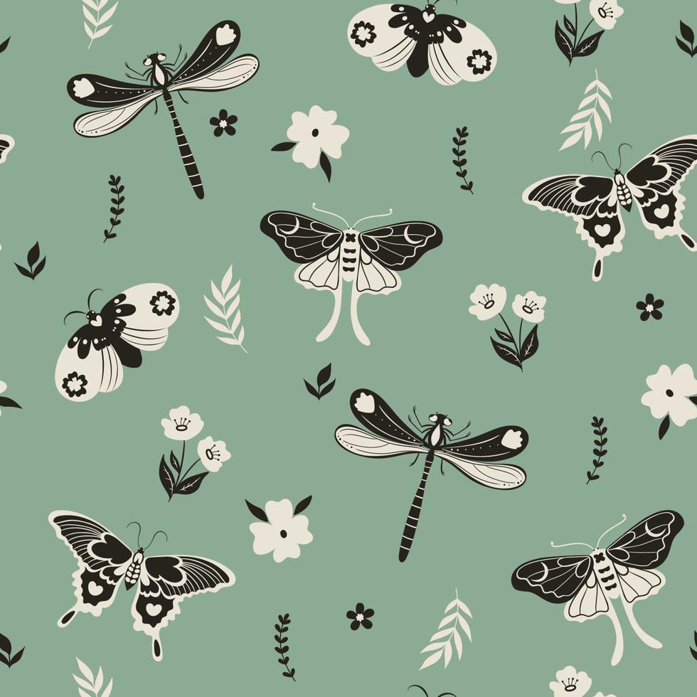 Cute seamless pattern with black and white insects on a blue background. Vector graphics.