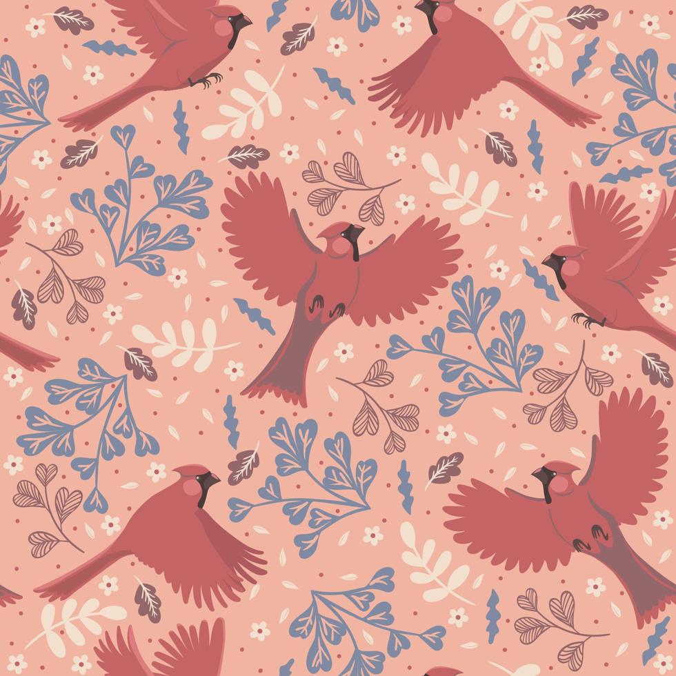 Seamless pattern with birds red cardinals. Vector graphics.