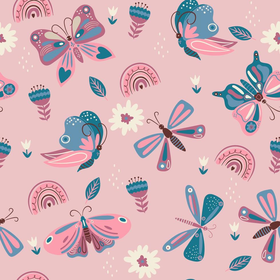 Seamless pattern with pink and blue butterflies and flowers. Vector graphics.