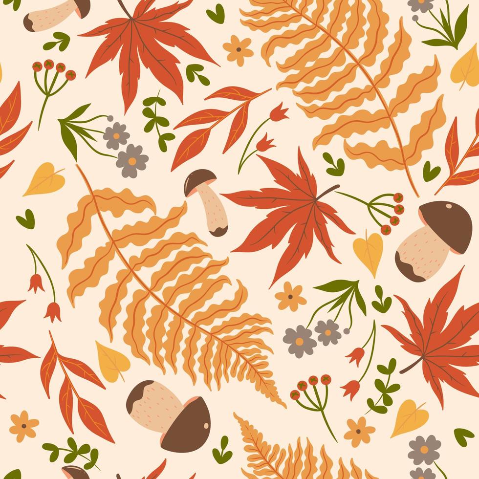Seamless pattern with autumn leaves and mushrooms. Vector graphics.