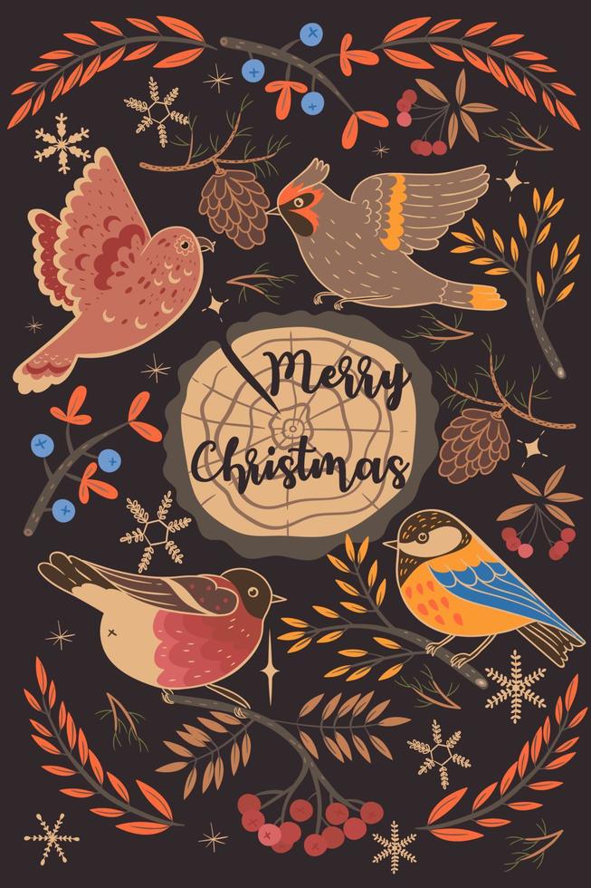 Greeting card with winter birds and the inscription Merry Christmas. Vector graphics.