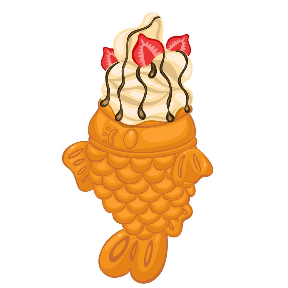 helado de taiyaki con fresas y cobertura de chocolate aislado en un fondo blanco. gráficos vectoriales vector