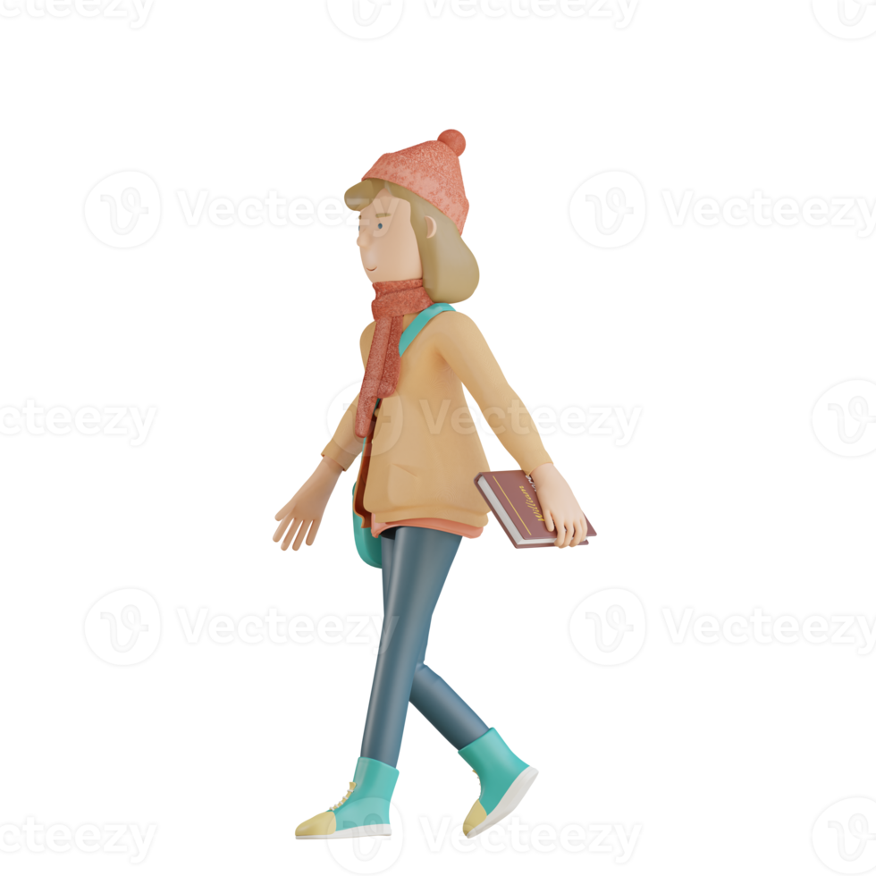 3d personaje de otoño caminando sosteniendo libro 3d render png