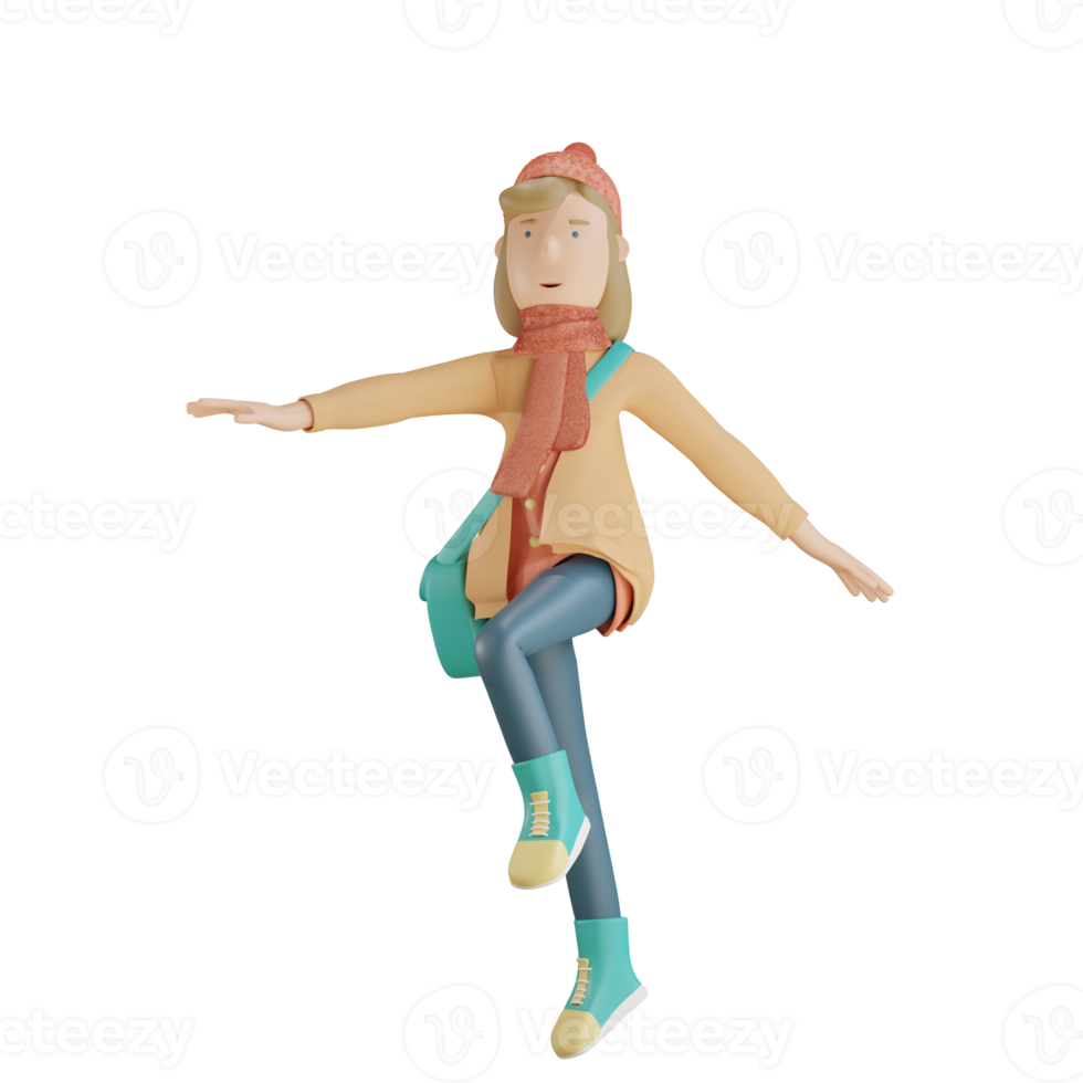 personagem de outono 3d feliz andando 3d render png
