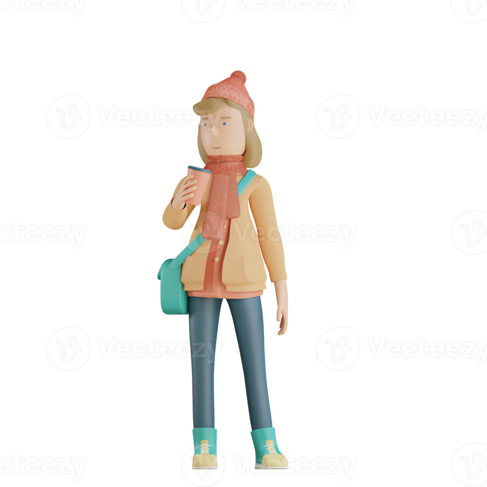 3d autumn character holding a cup of coffee 3d render png