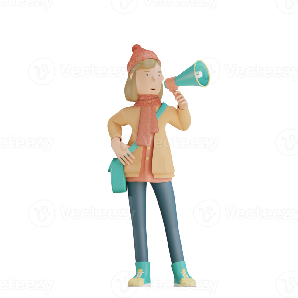 3d autumn character holding megaphone 3d render png