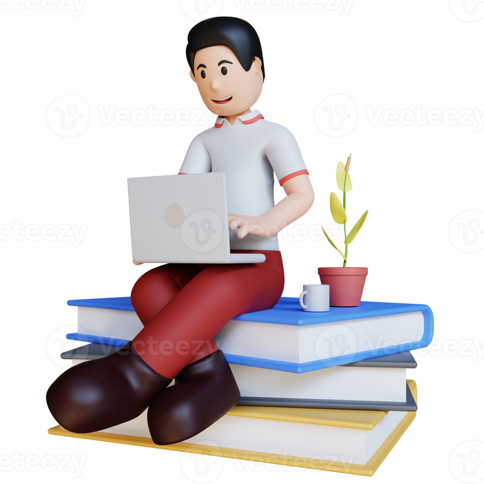 Illustration de personnage 3d travaillant avec un ordinateur portable assis sur un livre png