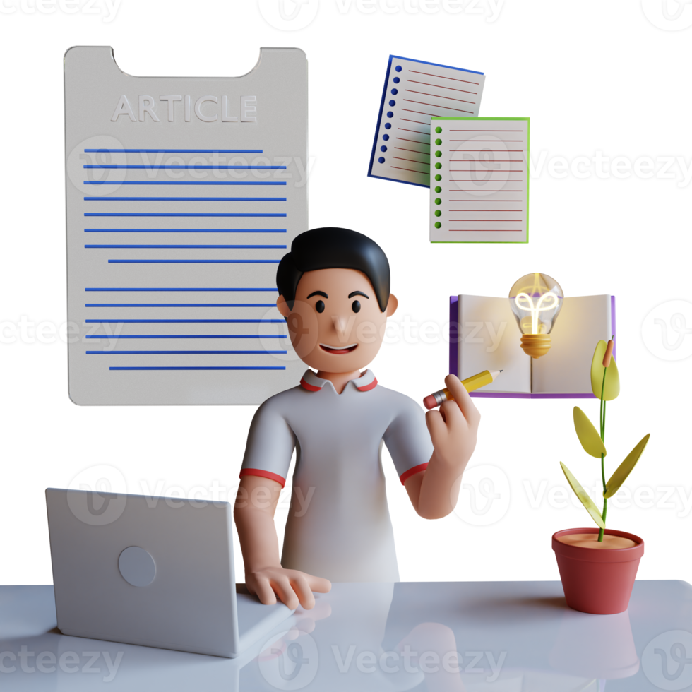 3D Blog Writer Working on Article Character Illustration png