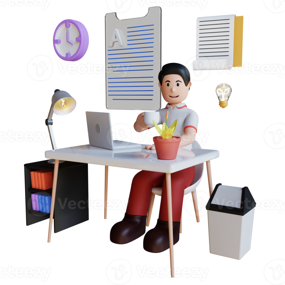 Ilustración de personaje de hombre de negocios 3d que trabaja con una computadora portátil en la oficina png