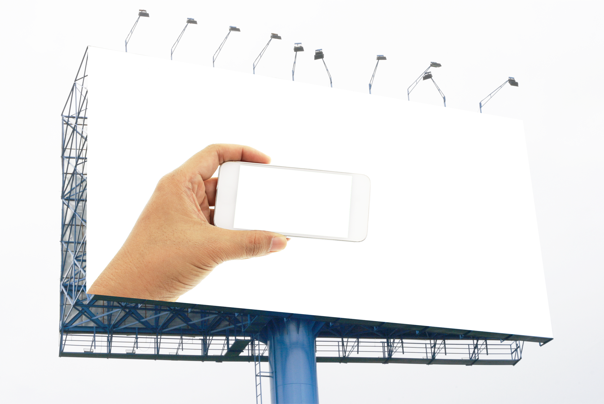 Advertising Hand holding white smartphone green screen on big billboard on transparent