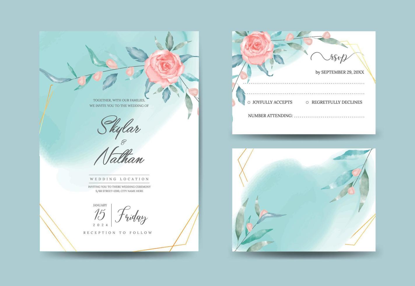 Geometric watercolor greenery tropical wedding invitation template and RSVP vector