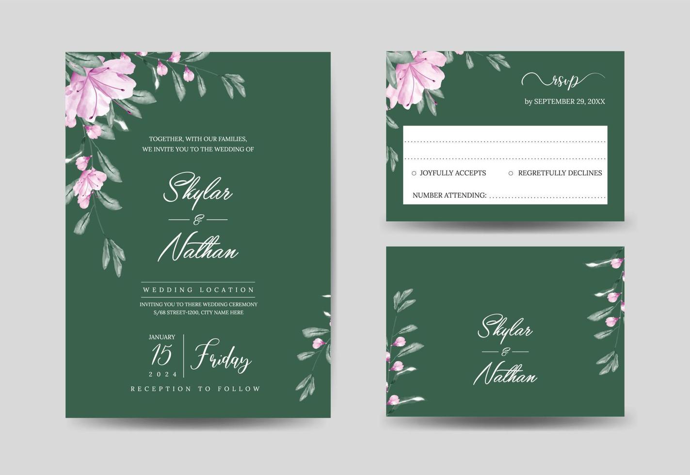 Elegant dark greenery watercolor wedding invitation card and RSVP template vector