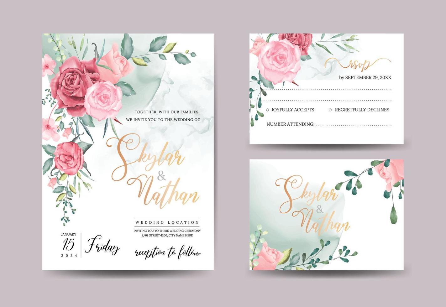 Elegant watercolor dusty rose wedding invitation card and RSVP templates vector