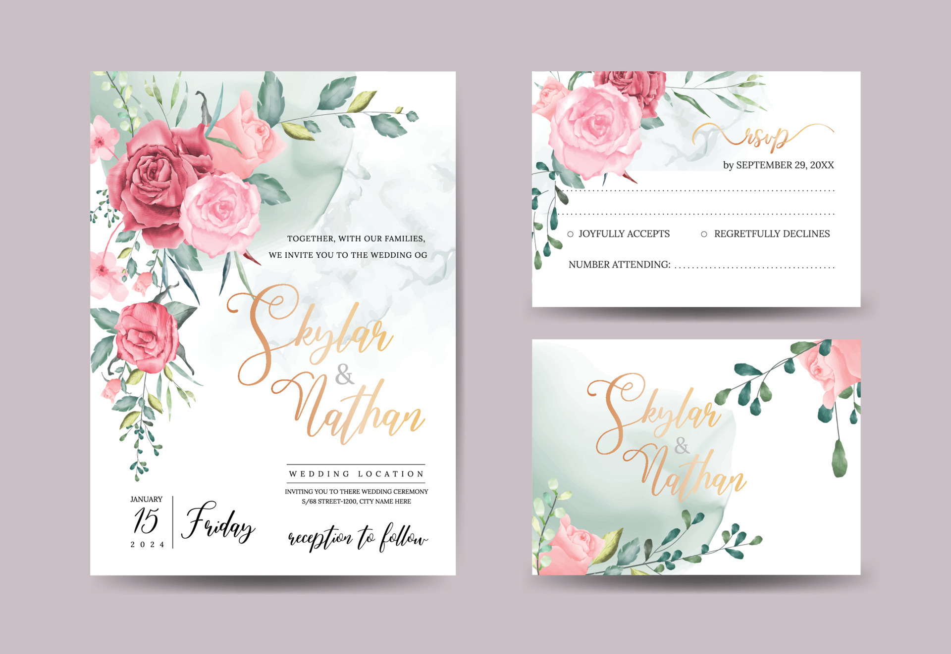 Elegant watercolor dusty rose wedding invitation card and RSVP