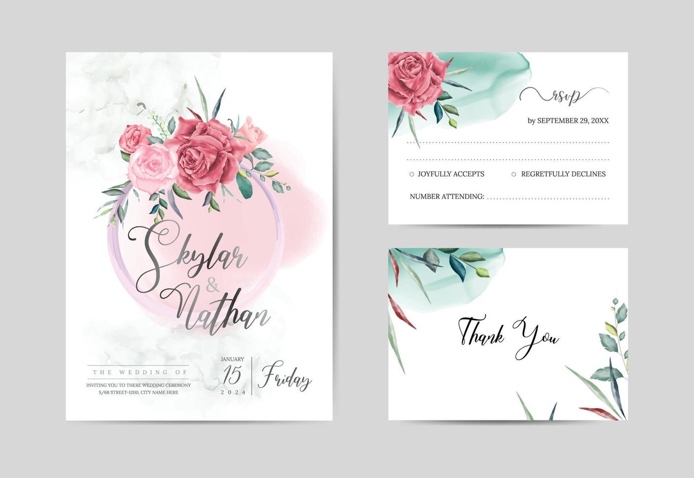 Elegant sage green watercolor wedding invitation and RSVP card templates vector