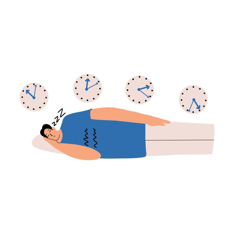 Sleep phase delay syndrome concept. The man is sleeping. Vector illustration is drawn by hand.