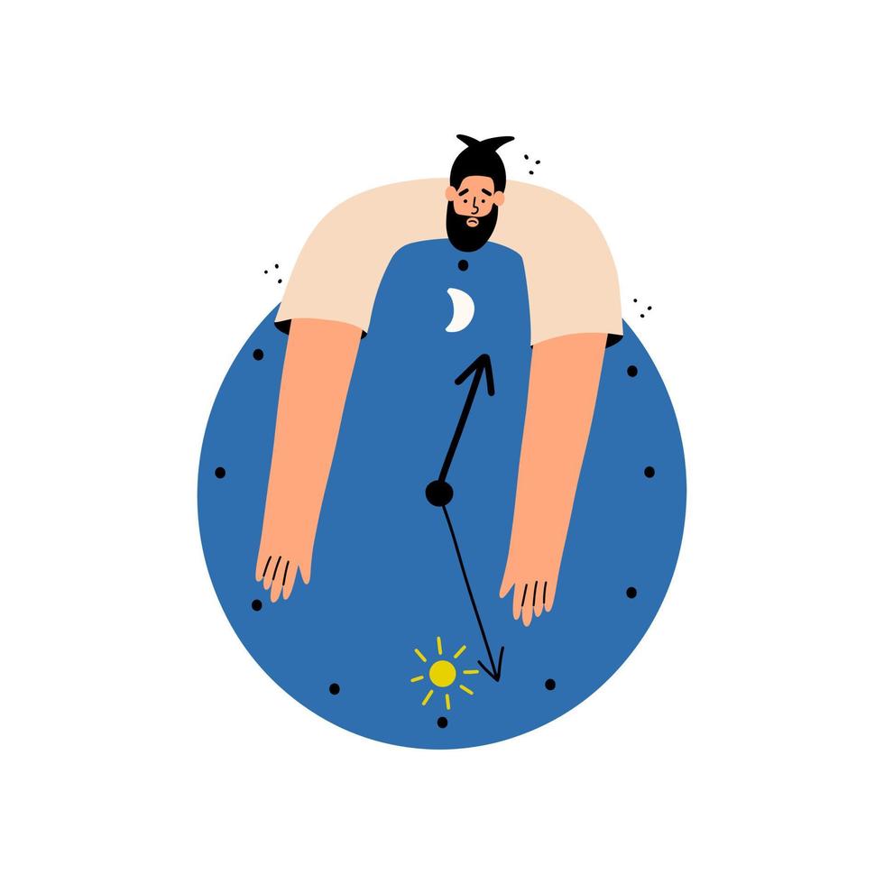 The man cannot sleep and looks at his watch. The person suffers from insomnia, depression. Vector illustration in a flat style.