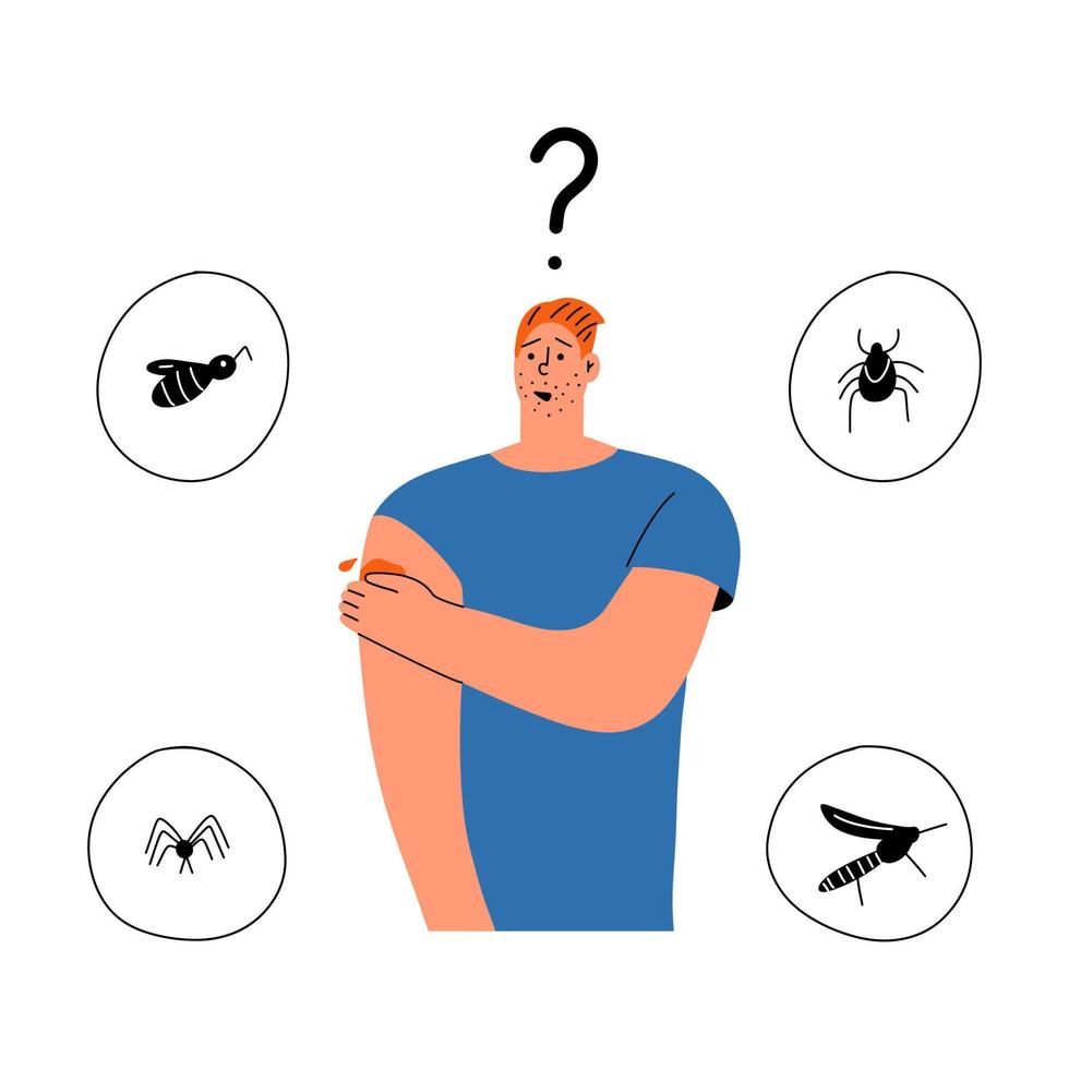 The man was bitten by an unknown insect. Vector hand drawing illustration