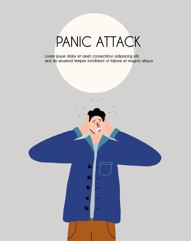 The man is in a fit of terror. Panic attack. Flyer, vector illustration in flat style.