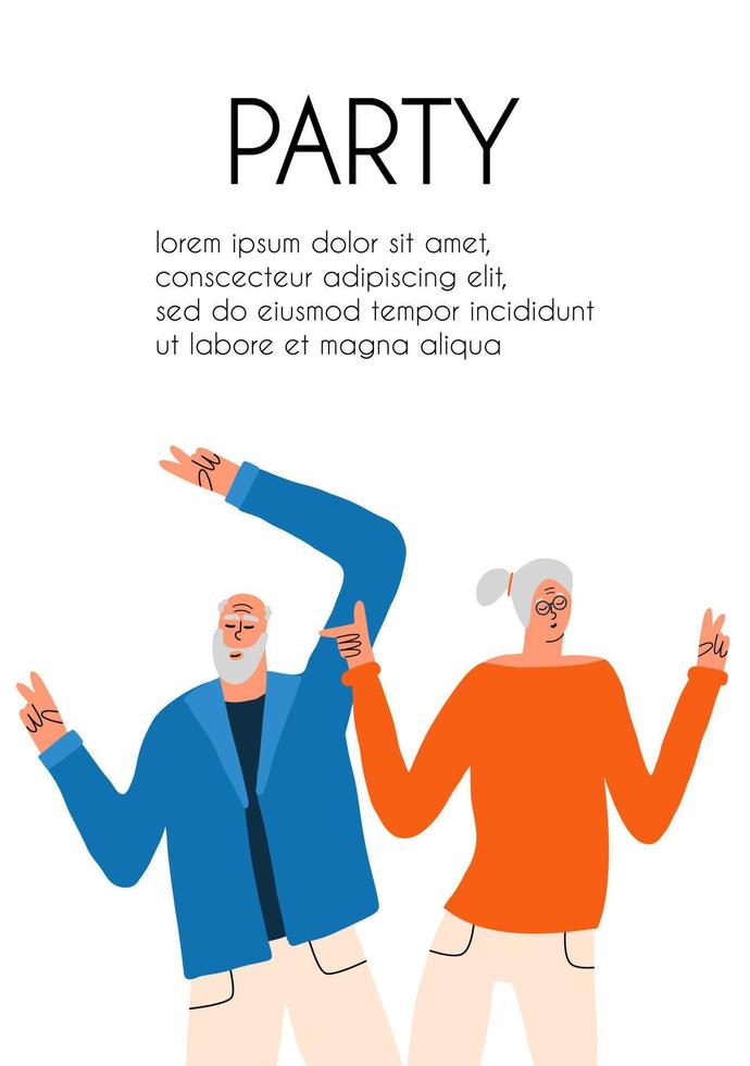 Party for the elderly. Two elderly people are dancing. Holiday flyer template. Vector hand drawing illustration