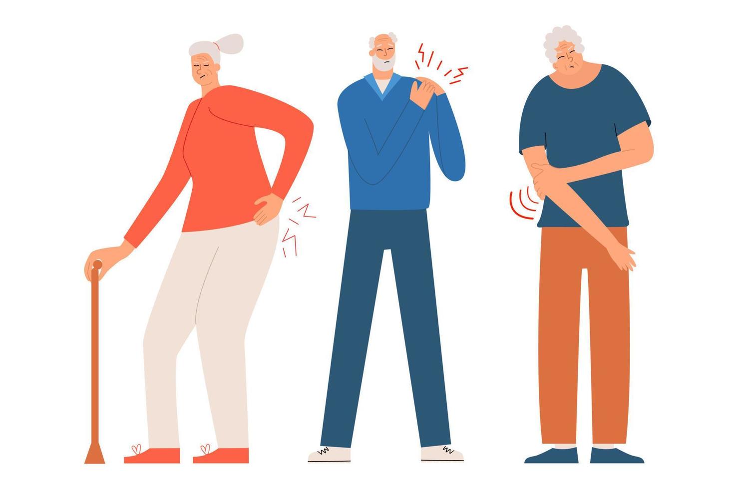 Elderly people suffer from joint pain. Arthrosis or arthritis concept. Vector illustration in flat style