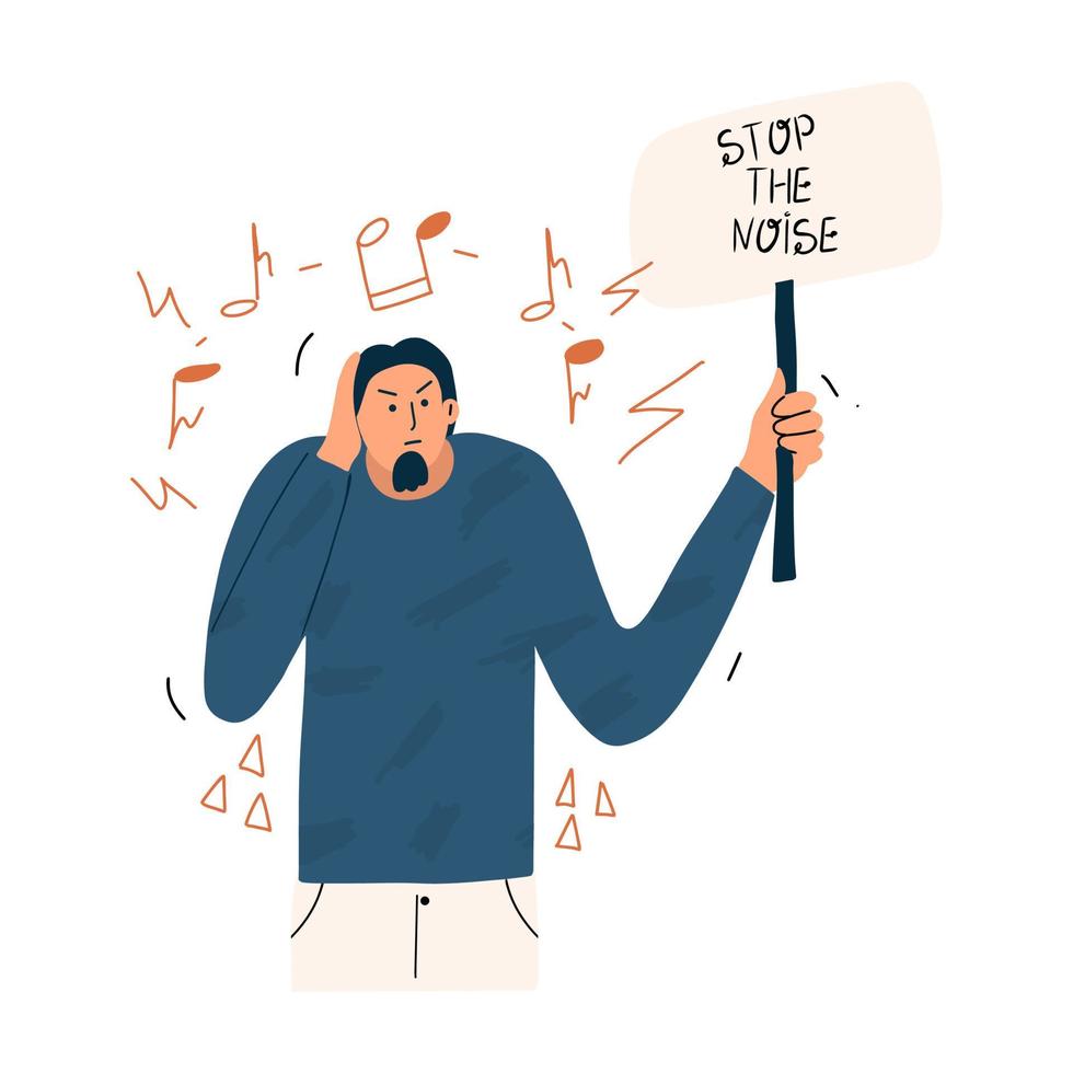 The man covered his ear from the loud music with his hand. Stop the noise. Vector hand drawn illustration.